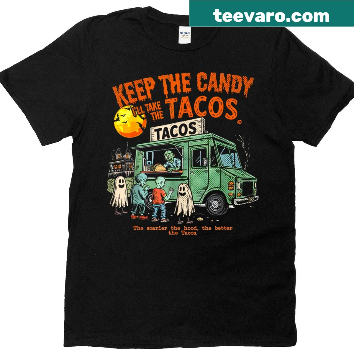 Funny Halloween graphic T-shirt stating preference for tacos over candy — on a men's t-shirt