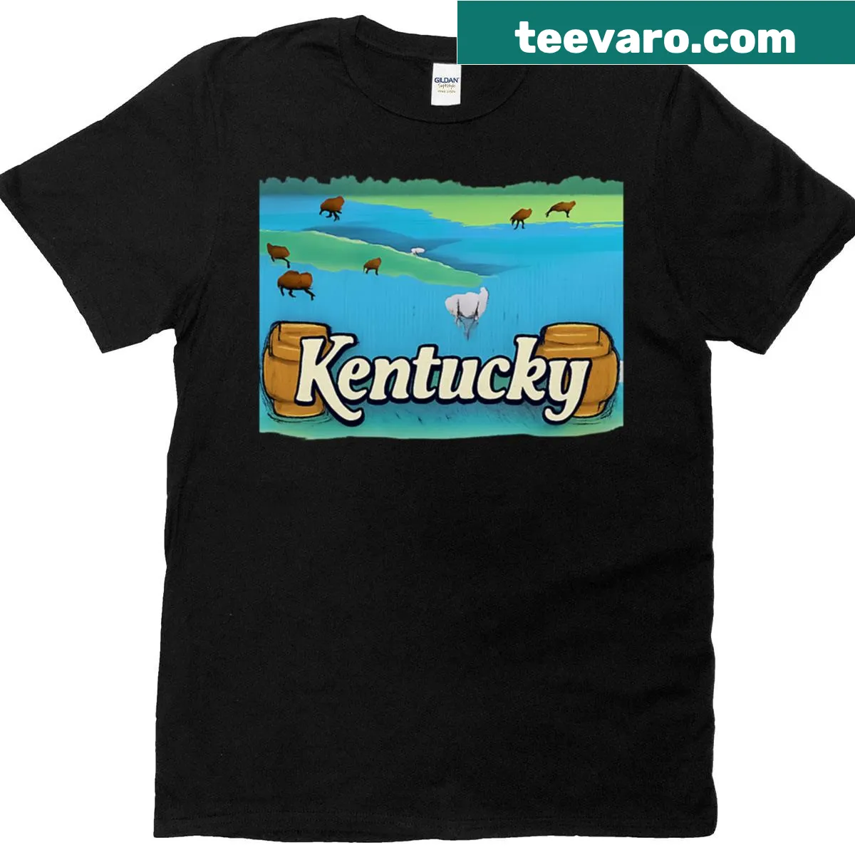 Artistic T-shirt depicting horses grazing in Kentucky bluegrass landscape — on a men's t-shirt