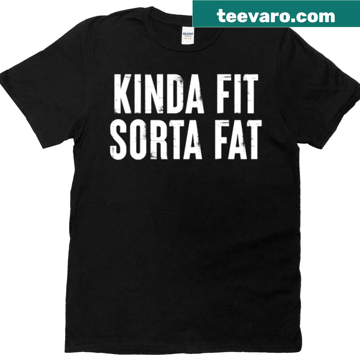 Funny 'Kinda Fit Sorta Fat' workout humor T-shirt — on a men's t-shirt