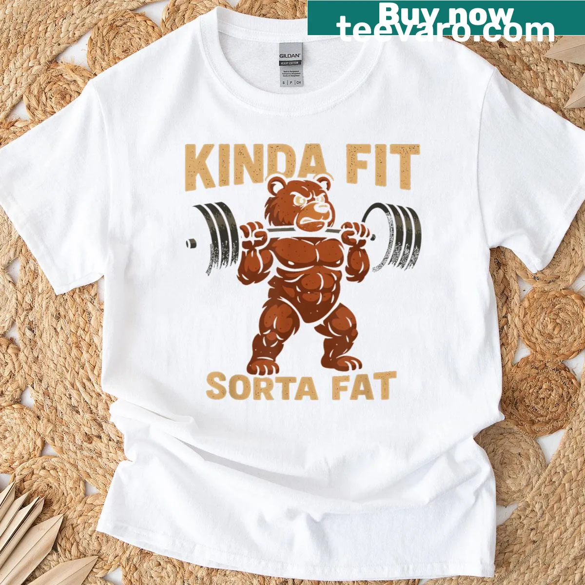 Funny T-shirt with a cartoon bear and the words 'Kinda Fit Sorta Fat' — on a men's t-shirt
