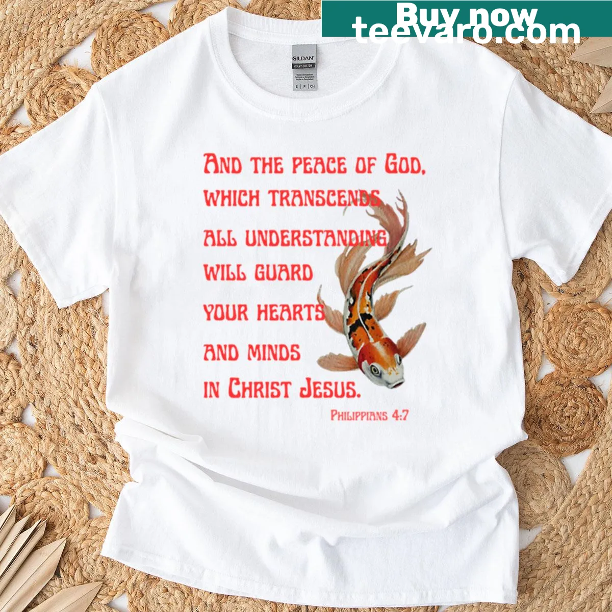 Watercolor graphic of koi fish and Bible verse on a t-shirt — on a men's t-shirt
