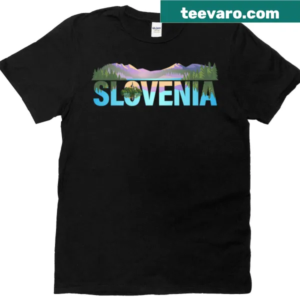Illustrated Lake Bled scenic T-shirt featuring mountains and lake