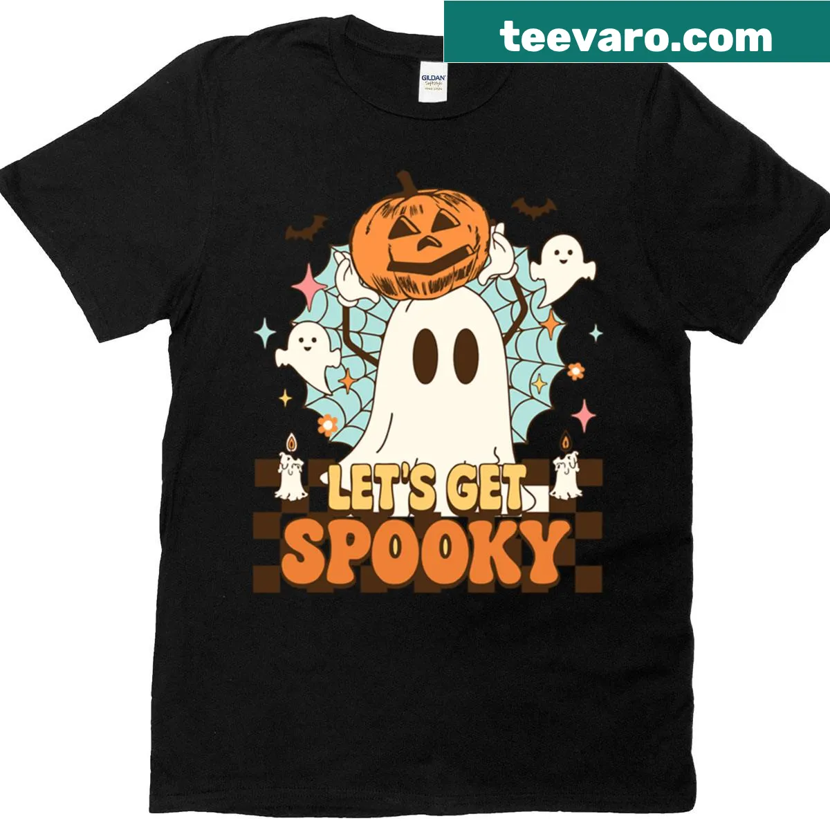 Whimsical ghost and pumpkin graphic on Halloween T-shirt — on a men's t-shirt
