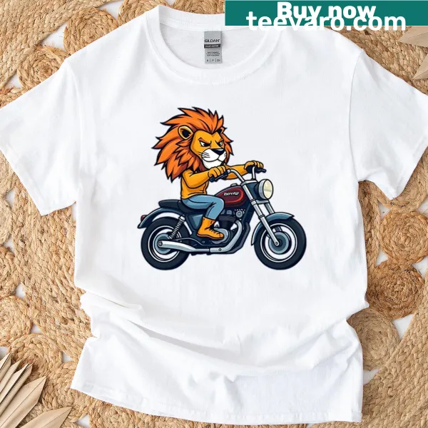 T-shirt featuring a lion riding a motorcycle in a playful graphic