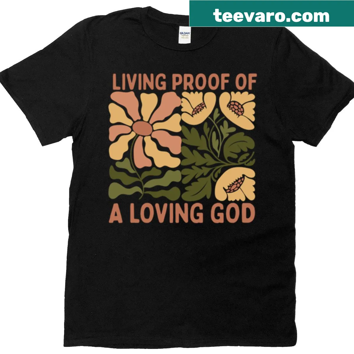 T-shirt with sentiment 'Living Proof Of A Loving God' in elegant text — on a men's t-shirt