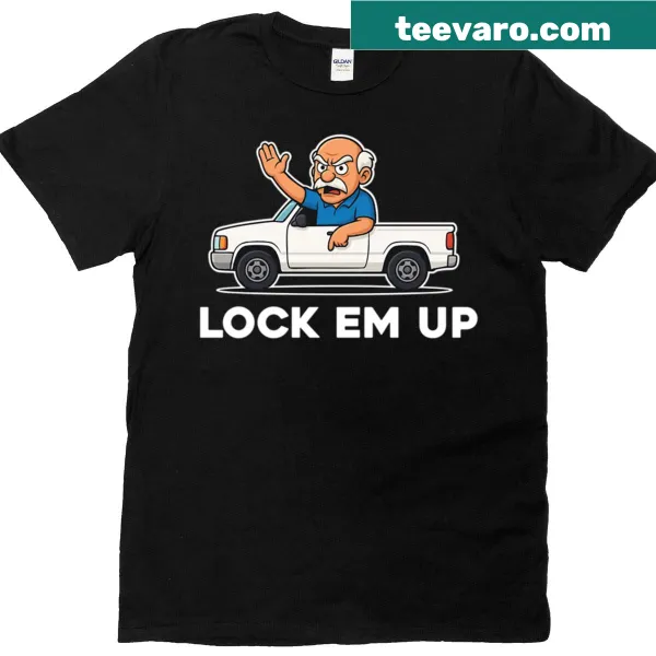 Funny t-shirt with 'Lock Em Up' text and meme-like design