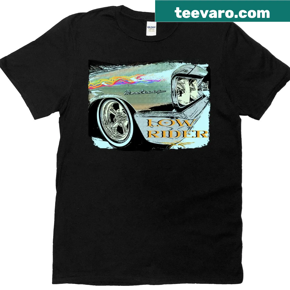 Minimalist emblem t-shirt celebrating low rider culture — on a men's t-shirt