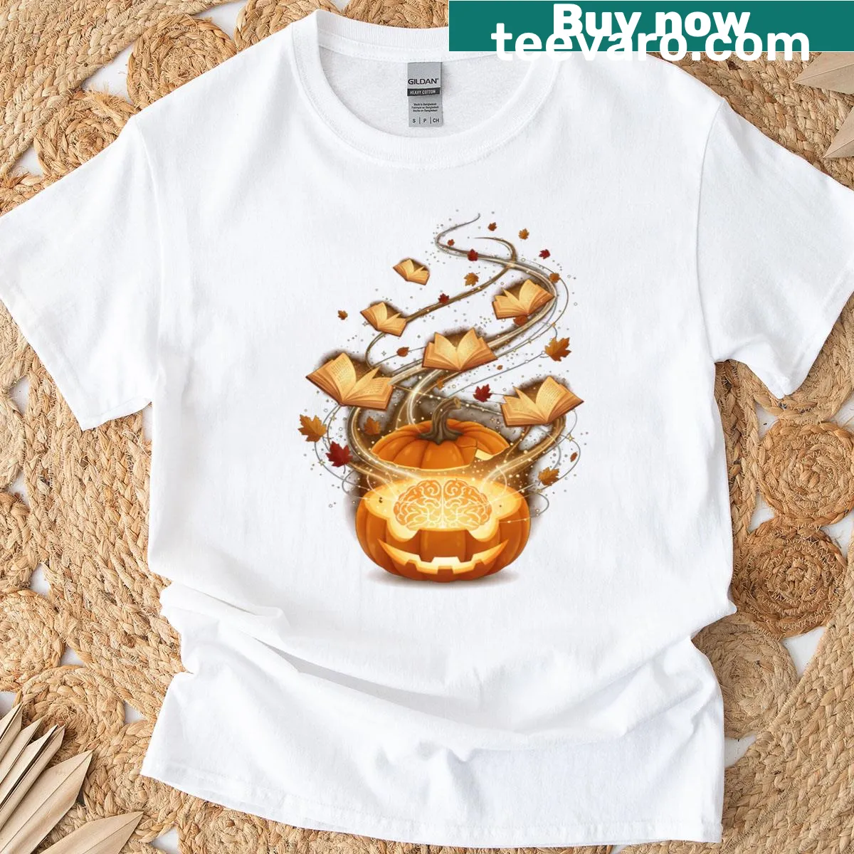Charming Halloween T-shirt with a pumpkin and book illustration — on a men's t-shirt