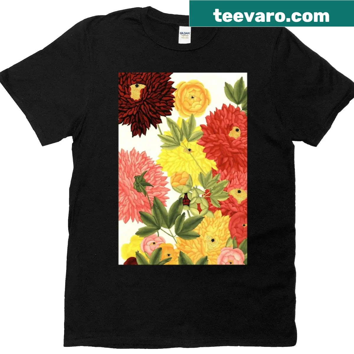 T-shirt featuring an illustration of many flowers — on a men's t-shirt