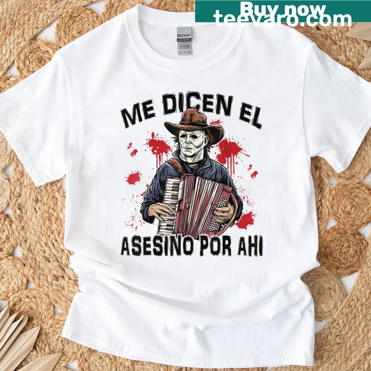 Illustration of a cowboy horror theme with spooky elements for Halloween. — on a men's t-shirt