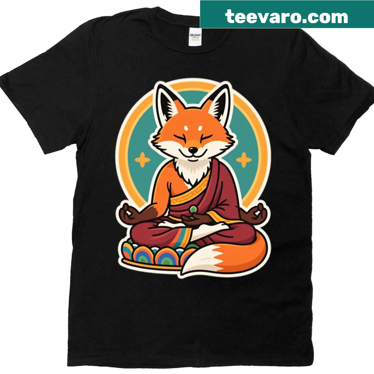 Illustration of a meditating fox on a T-shirt — on a men's t-shirt