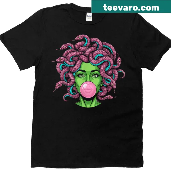 Pop art t-shirt featuring Medusa blowing bubblegum