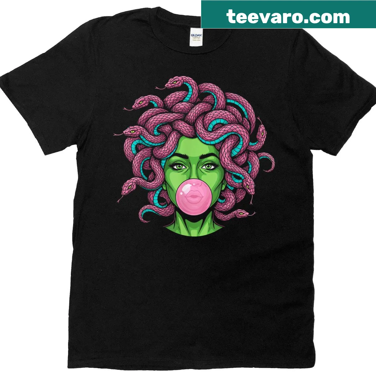 Pop art t-shirt featuring Medusa blowing bubblegum — on a men's t-shirt