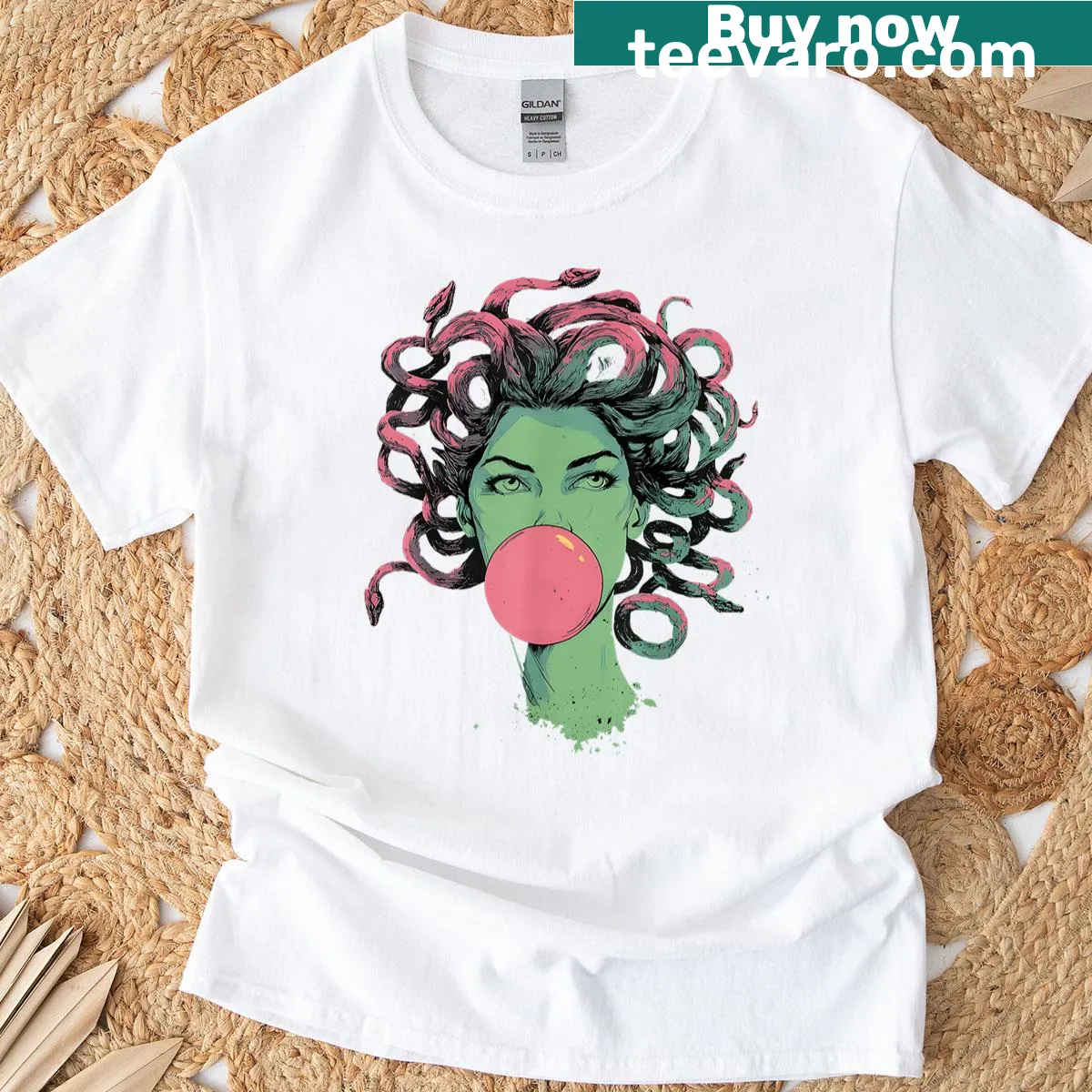 Medusa design t-shirt featuring bubblegum and snakes — on a men's t-shirt