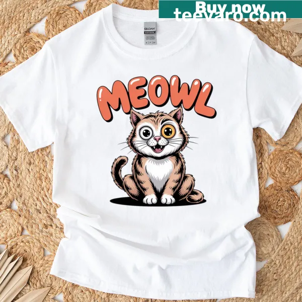 Funny mashup of a cat and owl on an oversized T-shirt