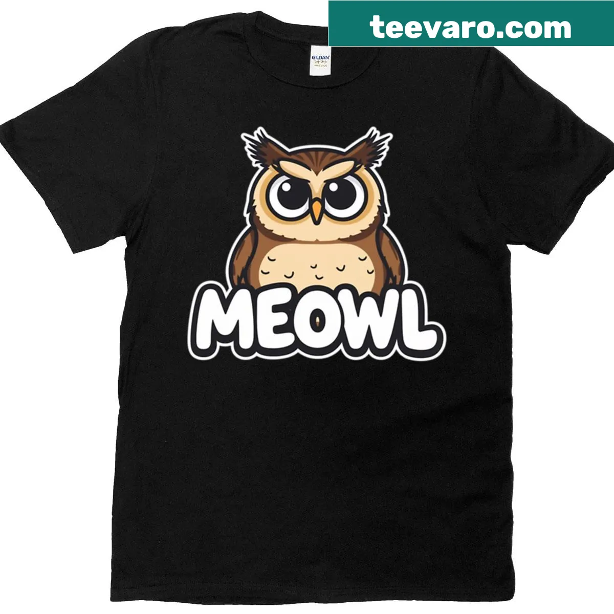 Cartoon design featuring a cat-owl meme with a pun — on a men's t-shirt