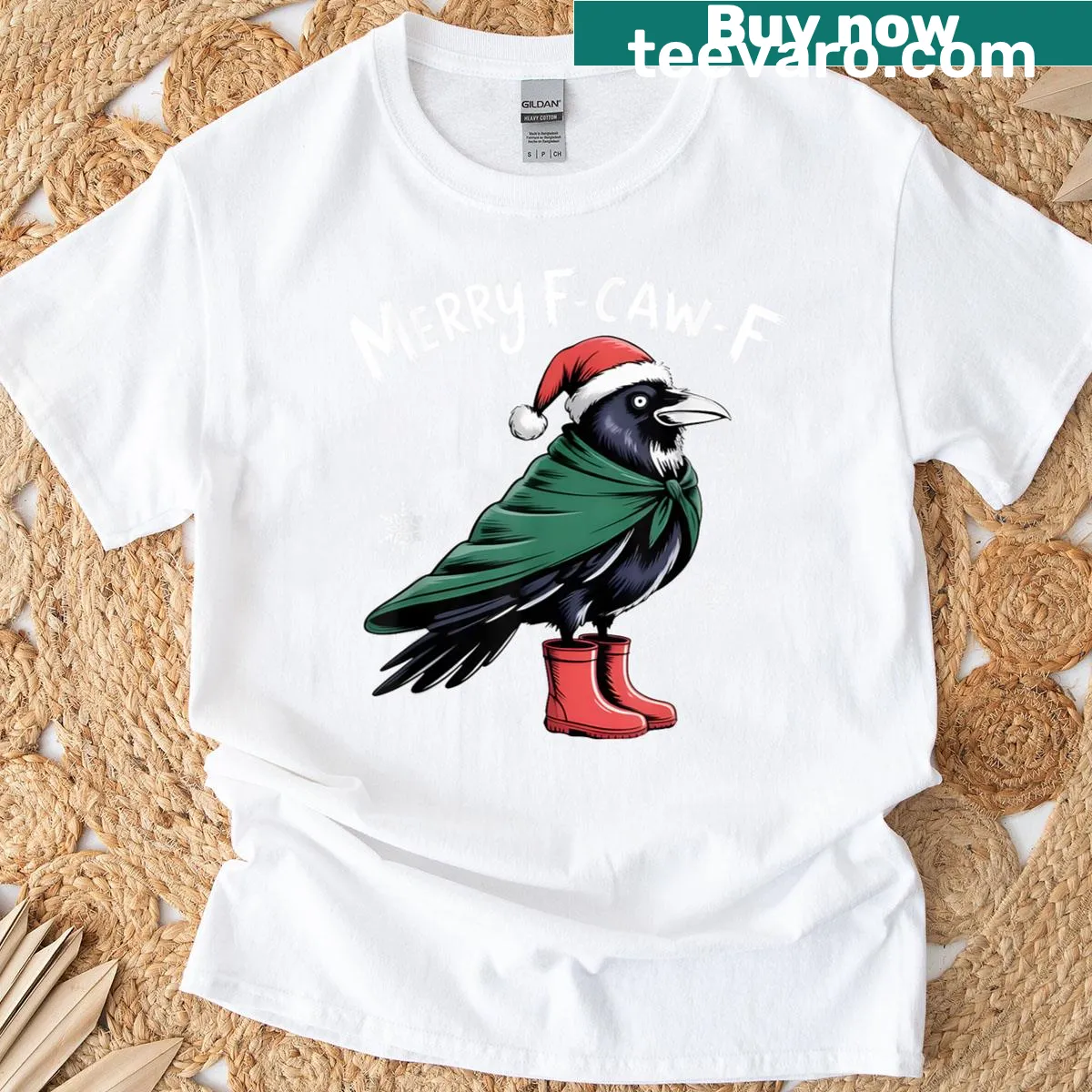 Funny Christmas shirt featuring a crow and the phrase 'Merry F-caw-f' — on a men's t-shirt