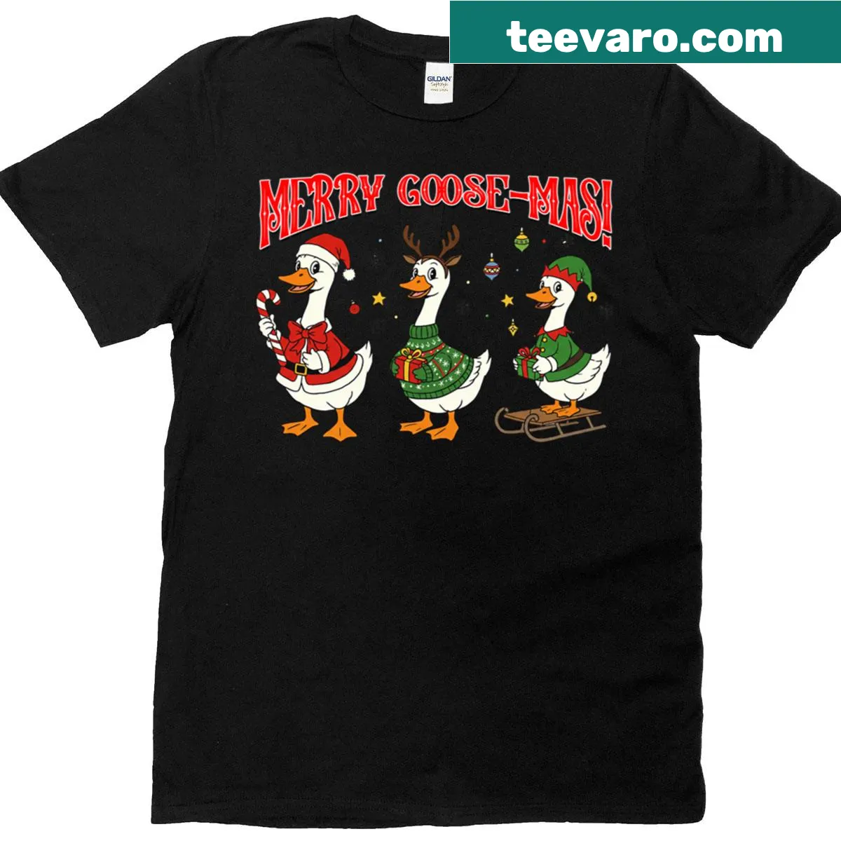 Funny Merry Goose-mas graphic on an oversized t-shirt — on a men's t-shirt
