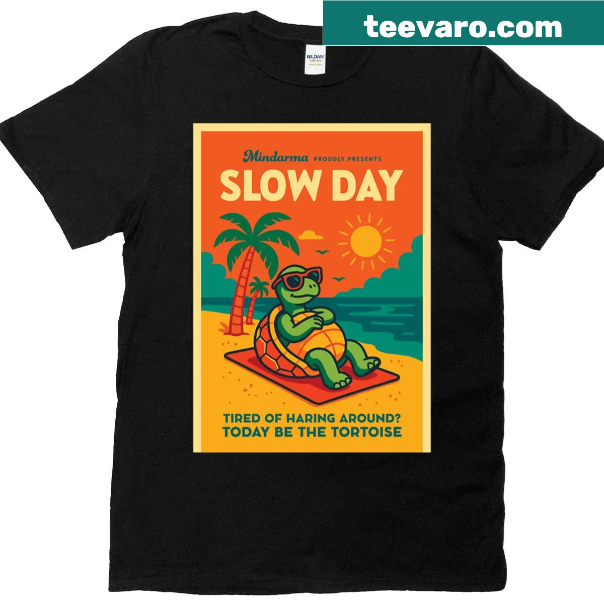 Text graphic stating 'Mindarma Slow Day' on a t-shirt — on a men's t-shirt