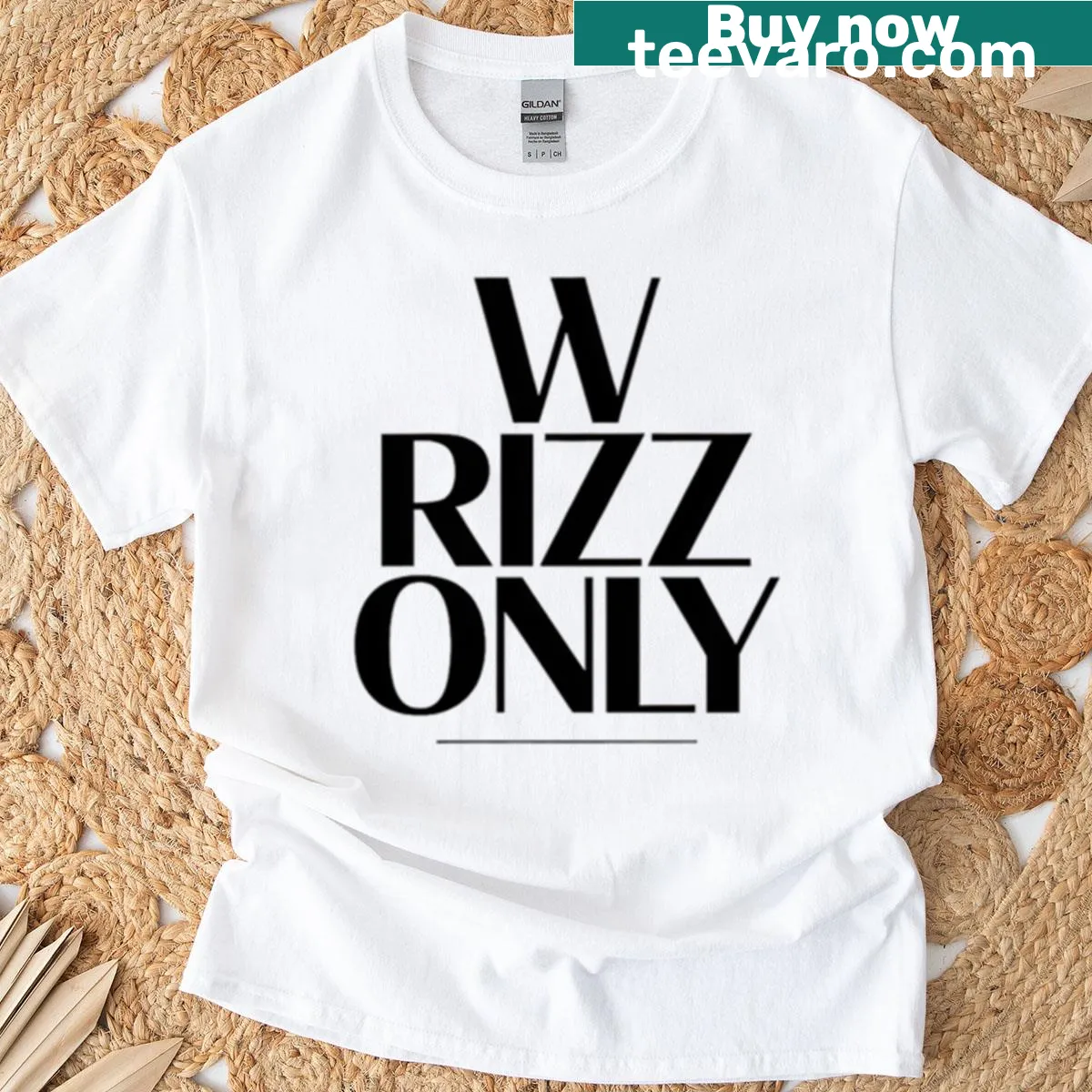 Minimalist typography t-shirt with 'W Rizz Only' in modern font — on a men's t-shirt