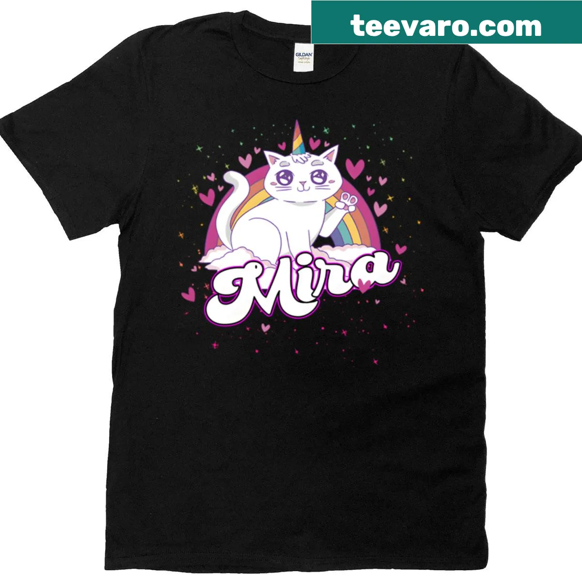 Cute caticorn illustration with the name Mira on a kids' t-shirt. — on a men's t-shirt