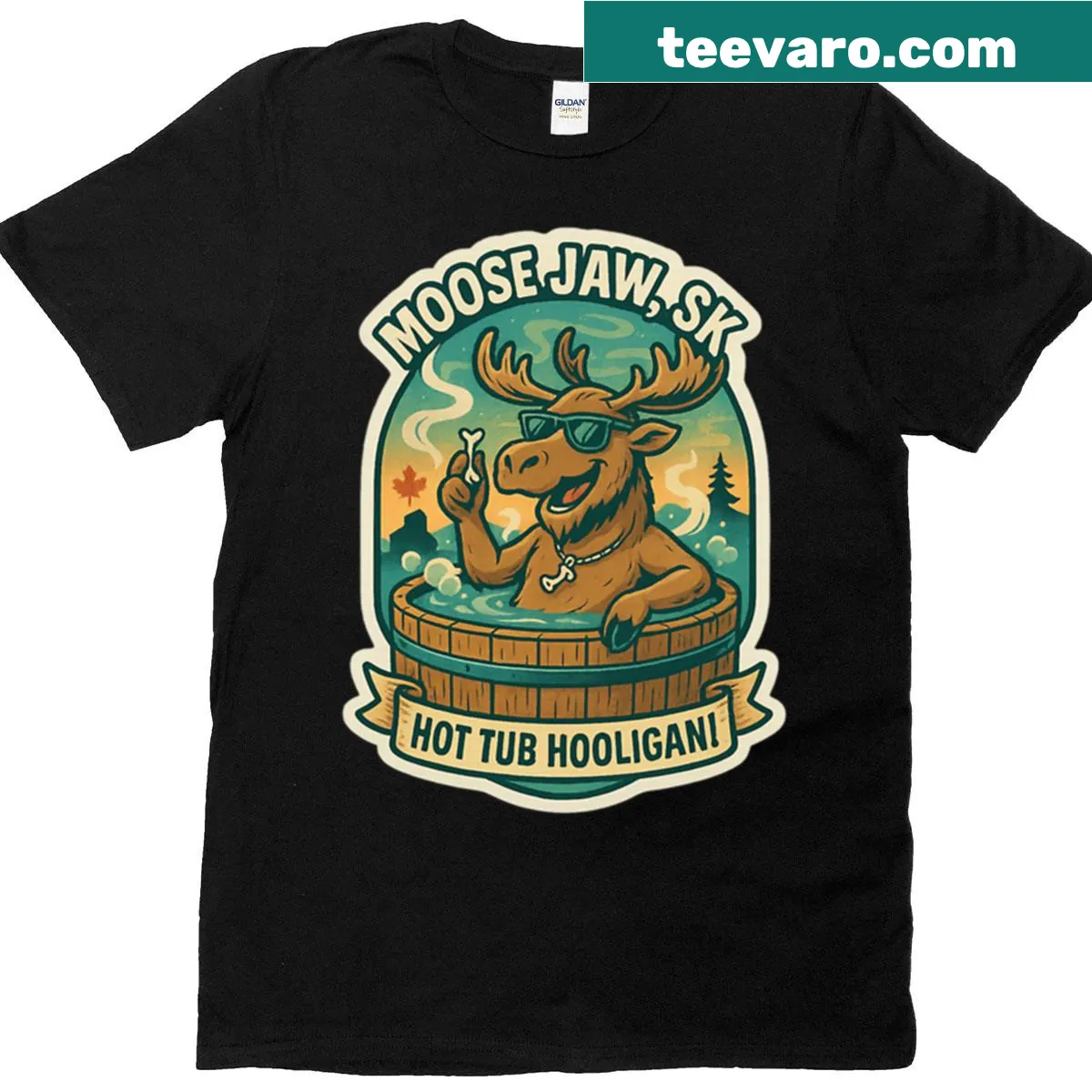 Illustration of a moose in a hot tub wearing sunglasses — on a men's t-shirt