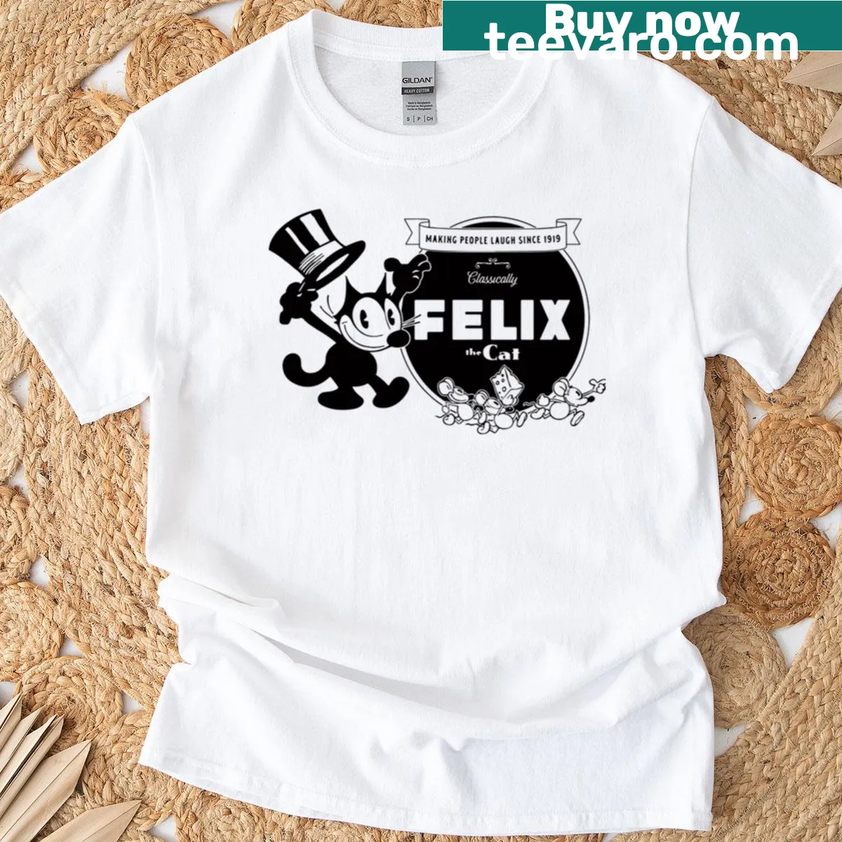 Vintage t-shirt featuring 90s cartoon cat design — on a men's t-shirt