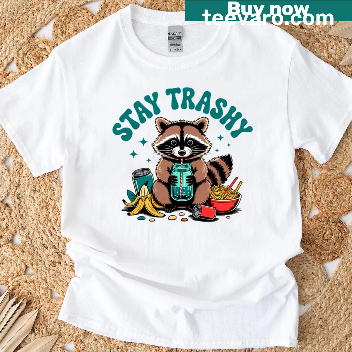Cartoon raccoon graphic with 'Mr Stay Trashy' text — on a men's t-shirt
