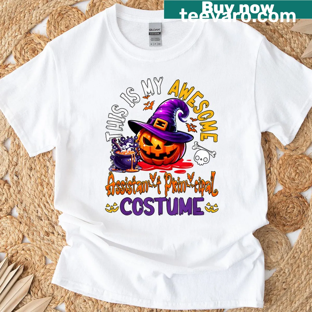 Halloween t-shirt featuring a pumpkin and witch assistant principal graphic — on a men's t-shirt