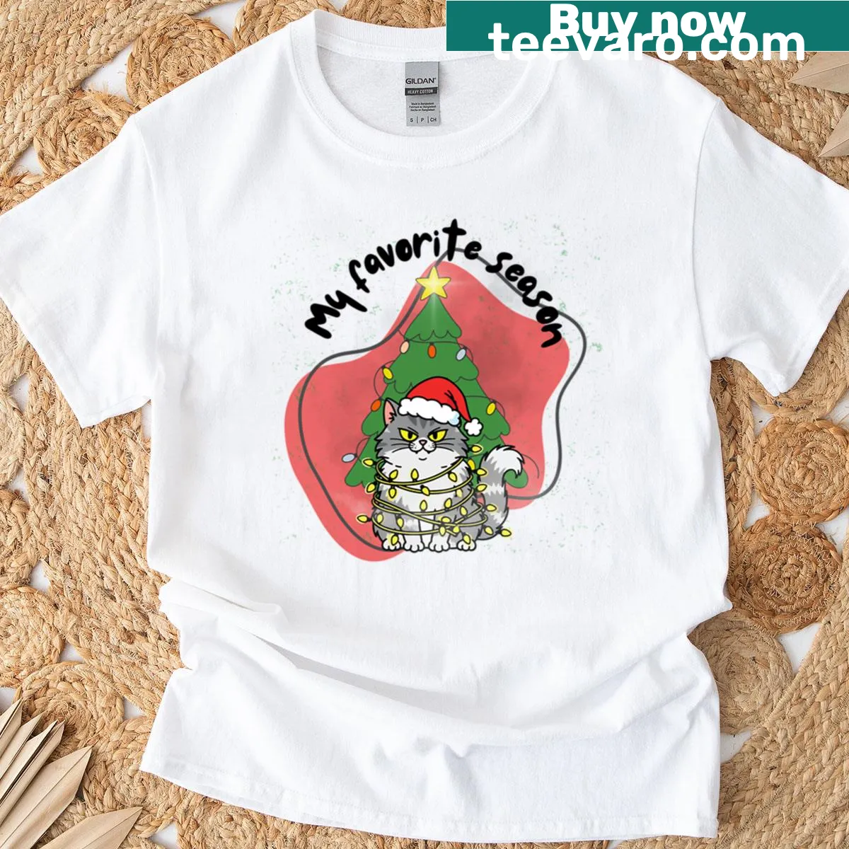 Vintage Christmas Cat t-shirt featuring a cat with holiday decorations — on a men's t-shirt