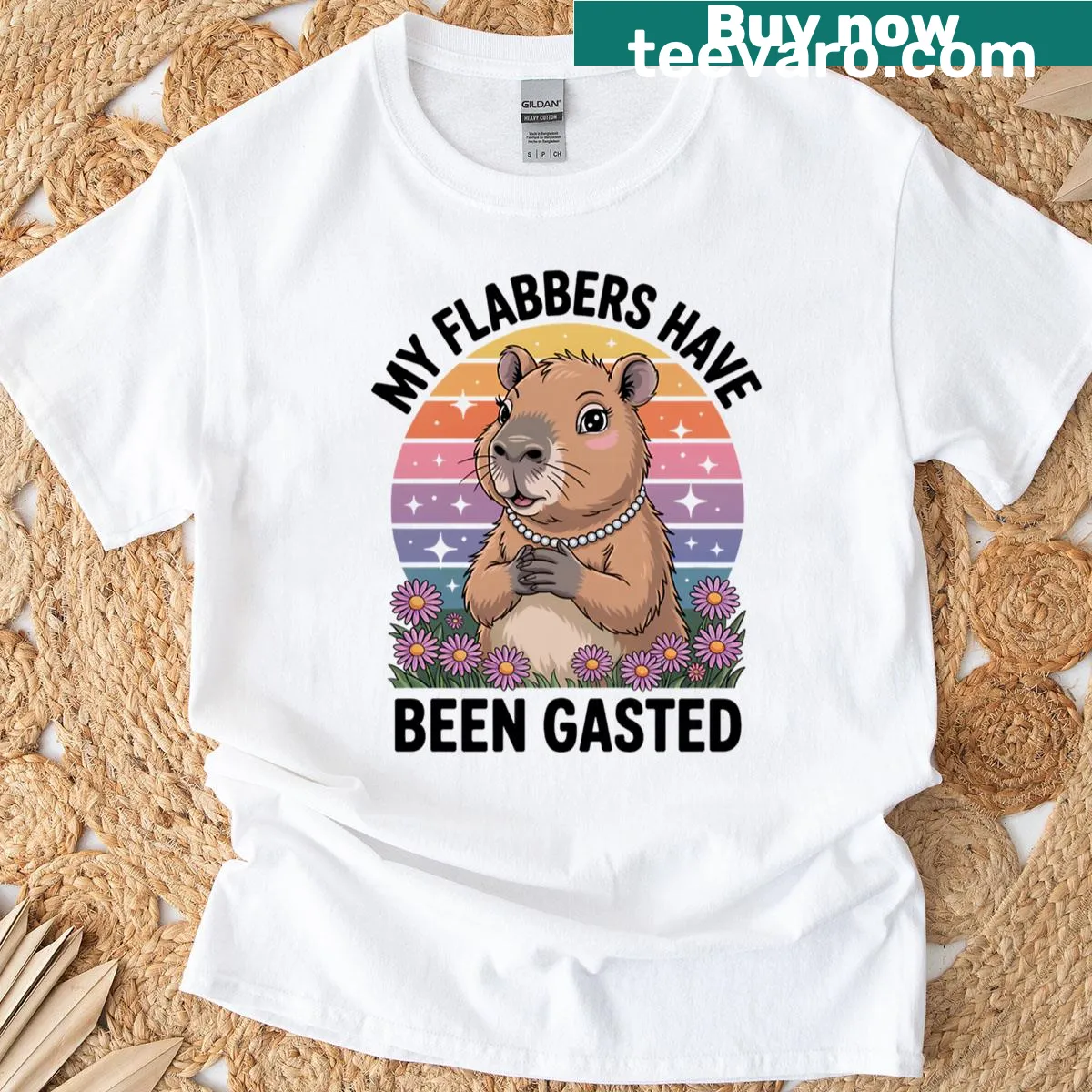 Cute capybara meme t-shirt with humorous text and sunset illustration — on a men's t-shirt