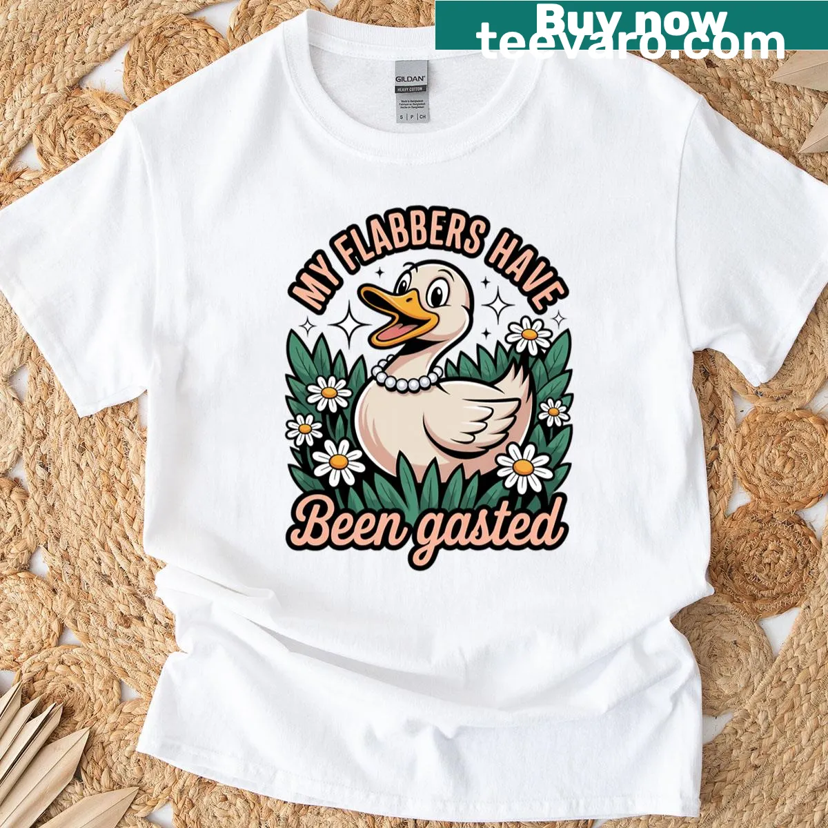 Cute retro duck meme t-shirt with daisies and text — on a men's t-shirt