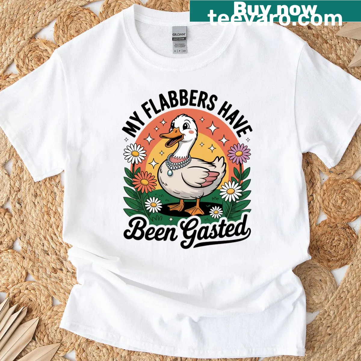 Cute retro duck t-shirt with daisies and text 'My Flabbers Have Been Gasted' — on a men's t-shirt