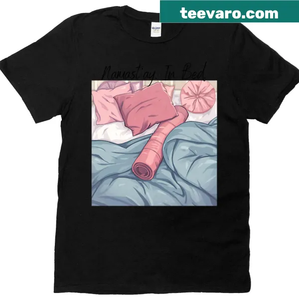 Funny yoga t-shirt with 'Namastay In Bed' text design