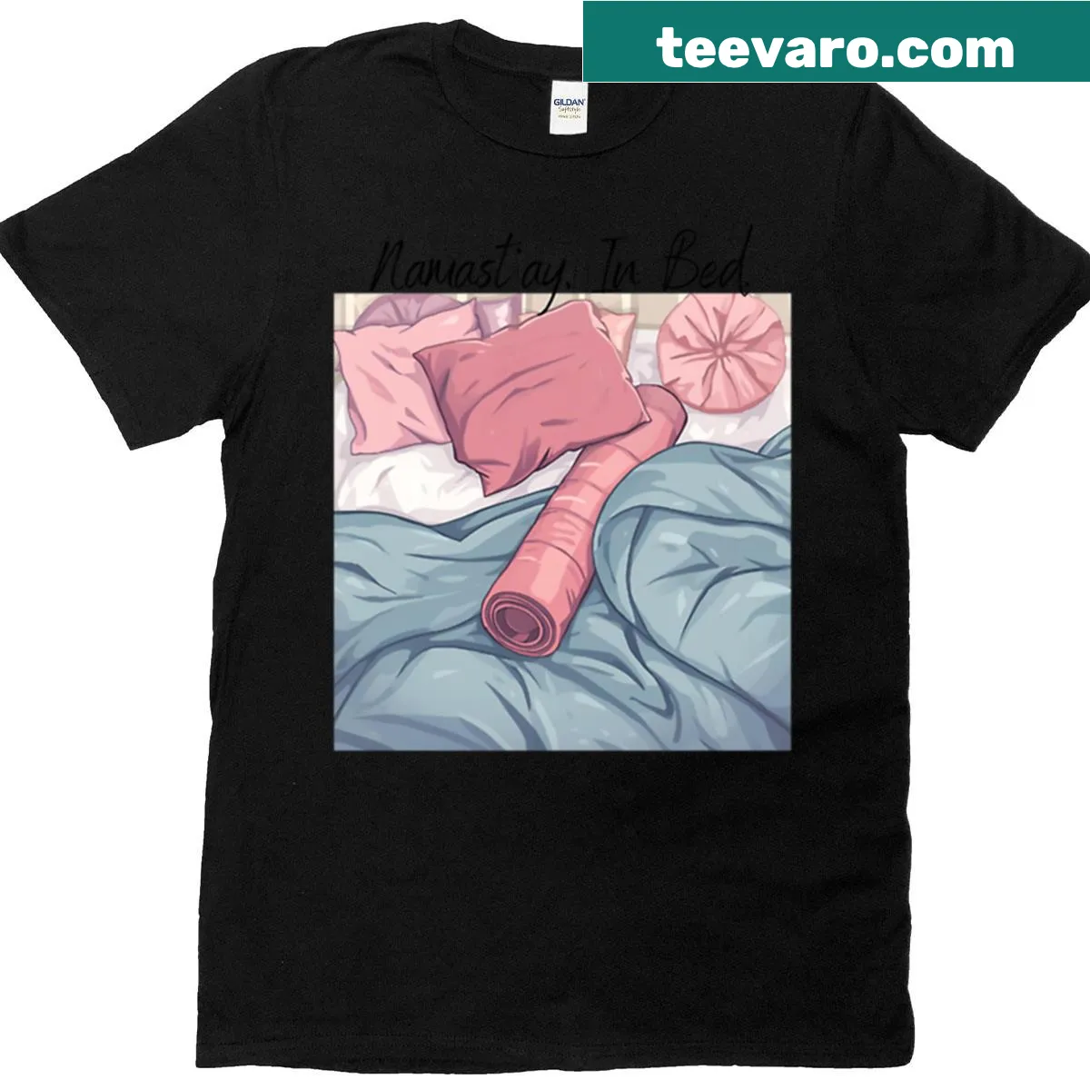 Funny yoga t-shirt with 'Namastay In Bed' text design — on a men's t-shirt