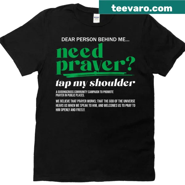 Christian T-shirt with prayer invitation printed on back.