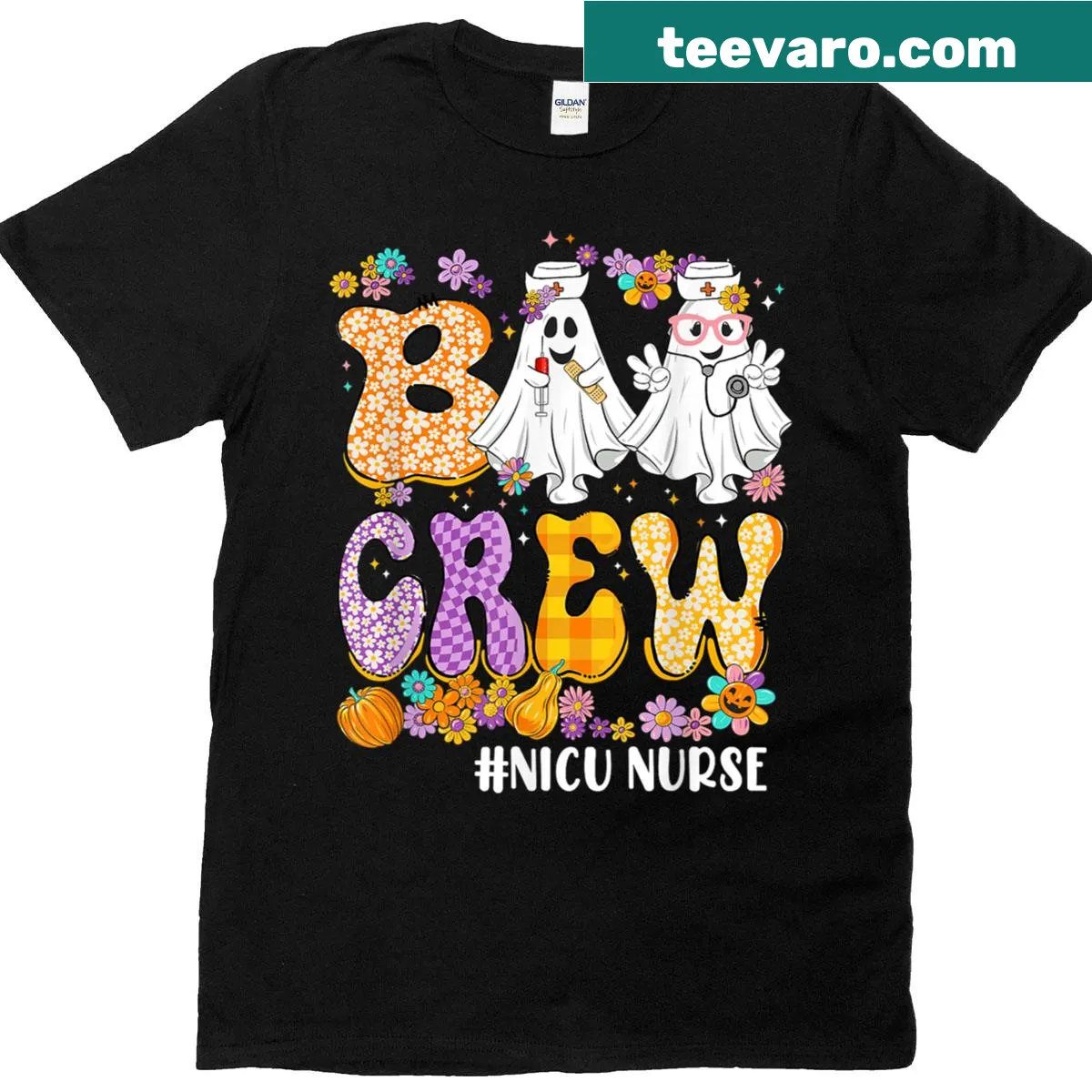 Halloween themed NICU nurse t-shirt with cute ghost graphic — on a men's t-shirt