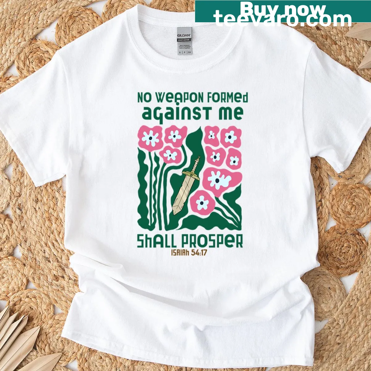 Inspirational T-shirt with the phrase 'No Weapon Formed Against Me' — on a men's t-shirt
