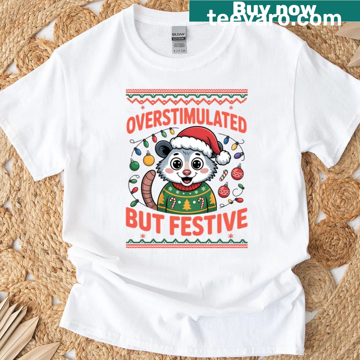 Funny Christmas t-shirt saying 'Overstimulated But Festive'. — on a men's t-shirt