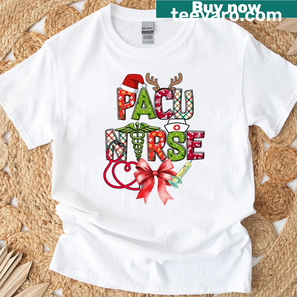 Cute Christmas T-shirt for nurses featuring a coquette bow design — on a men's t-shirt