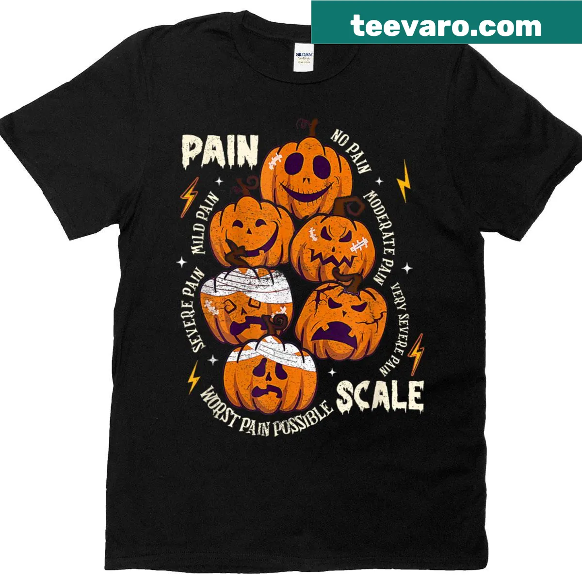 Halloween T-shirt with Pain Scale Pumpkin graphic — on a men's t-shirt