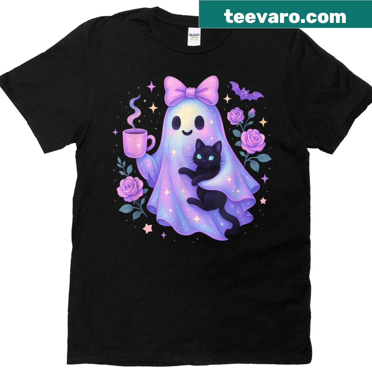 Cute pastel Halloween t-shirt with a cat and ghosts — on a men's t-shirt