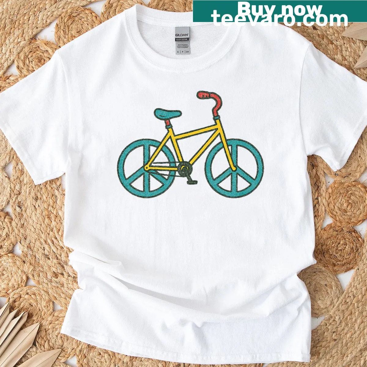 Bicycle design with a peace sign and groovy tires — on a men's t-shirt