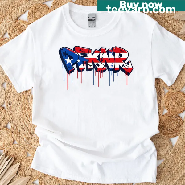 Puerto Rico flag graffiti design on heritage-themed t-shirt