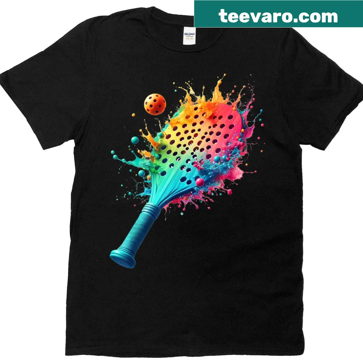 Illustrative pickleball paddle graphic t-shirt for fans. — on a men's t-shirt