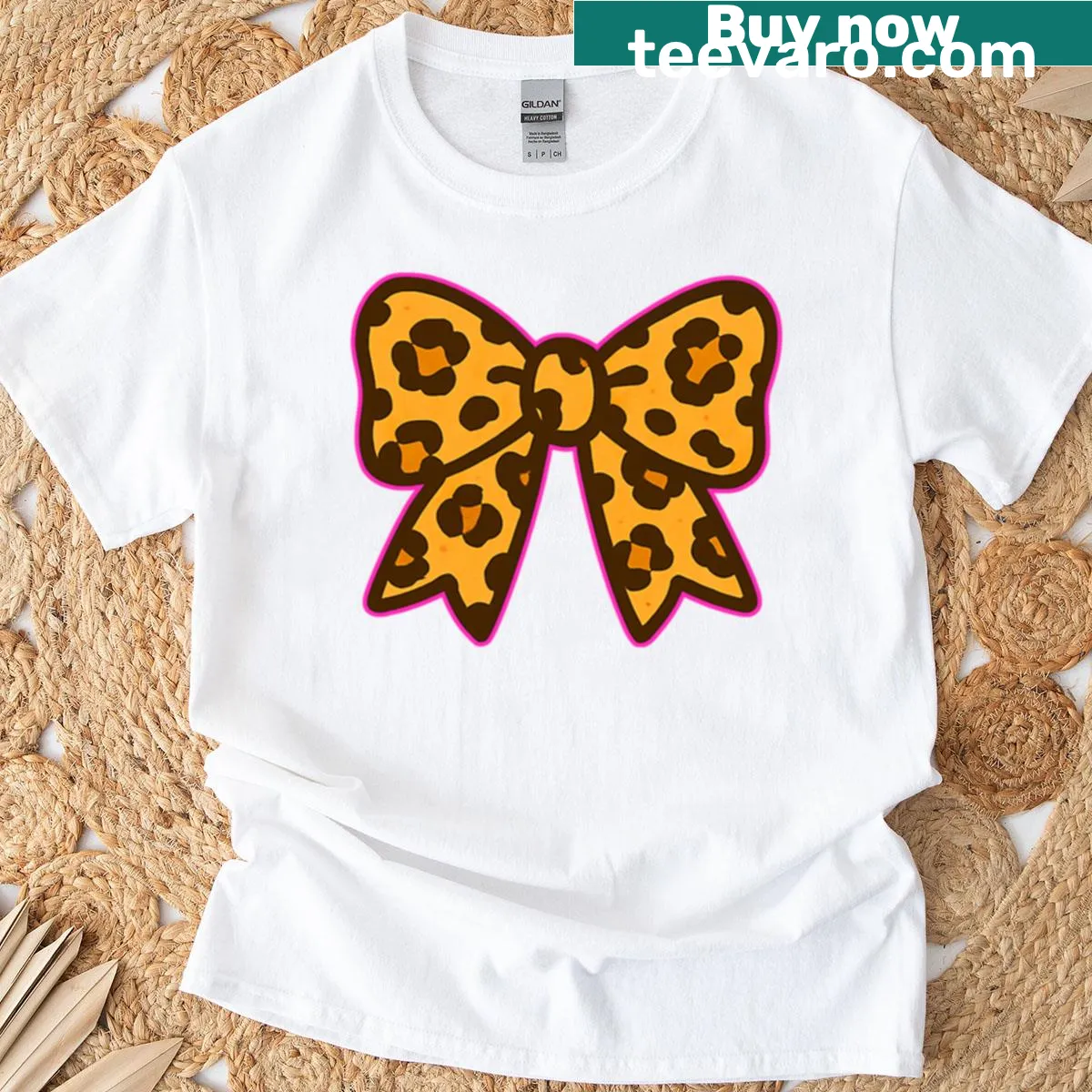 Cute pink leopard print bow t-shirt — on a men's t-shirt