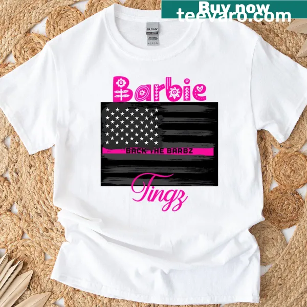 Logo flag design on a Pink Barbz-themed T-shirt