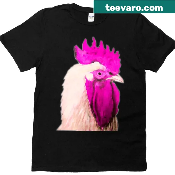 Playful pink rooster illustration on t-shirt