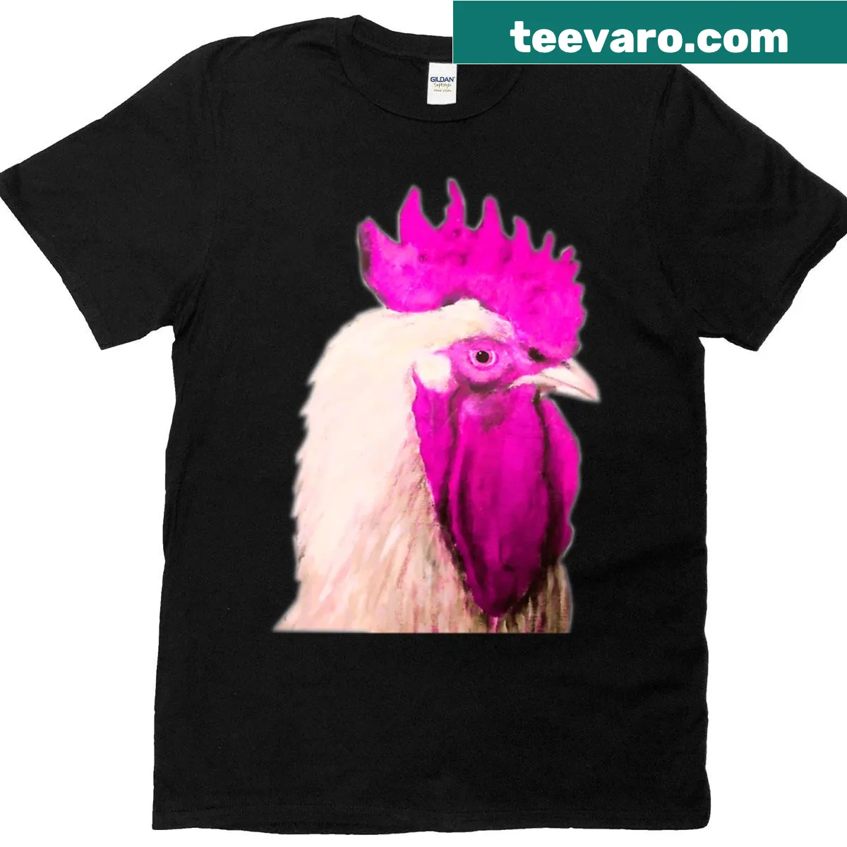 Playful pink rooster illustration on t-shirt — on a men's t-shirt