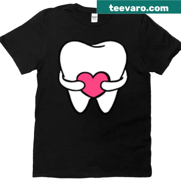 Cartoon pink tooth illustration on T-shirt, smiling and playful